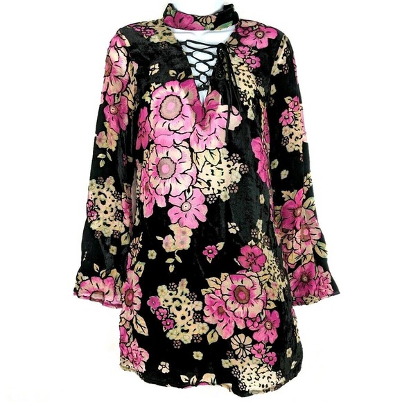 Band of Gypsies Black Pink Velvet Tunic Dress Top Lace Up Sheer Choker Floral S - Picture 4 of 8
